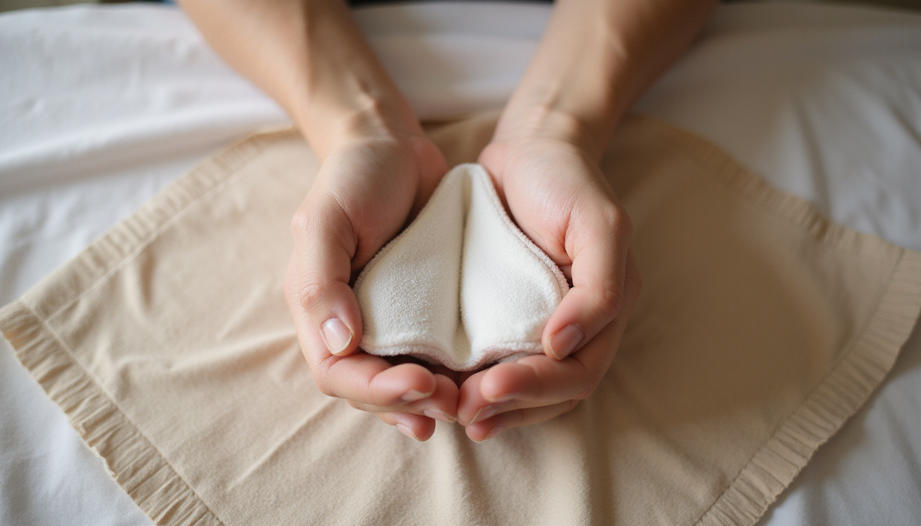  Top-down closeup of hands applying warm compress and supportive brace, natural light, calm