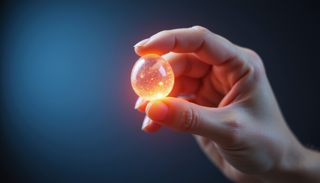  Close-up hand holding capsule, translucent cartilage animation illustrating reduced inflammation and improved flexibility