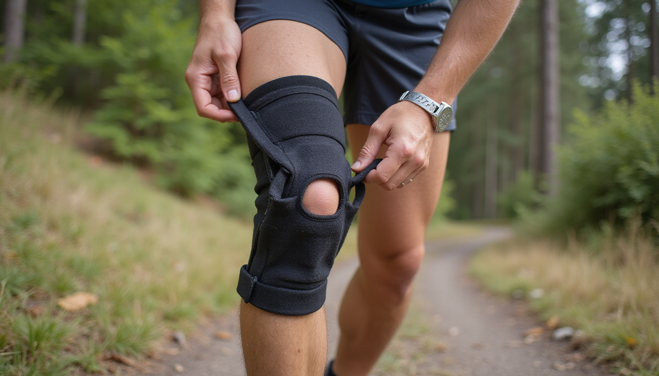  Close-up of adjustable lightweight knee brace on outdoor trail, hands adjusting straps, trail map