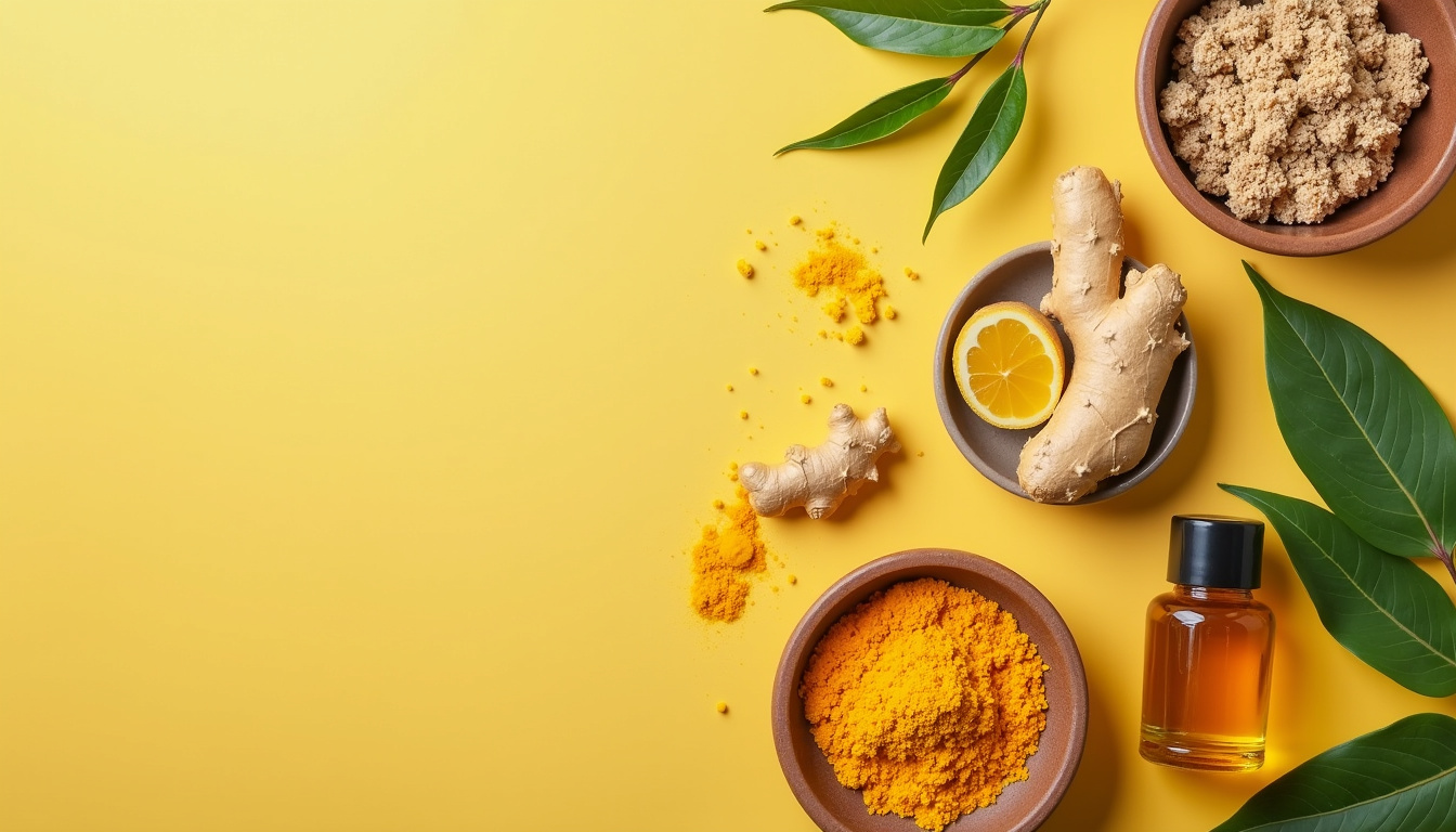  Top-down flatlay of natural remedies: turmeric, ginger, oil bottle, knee support, stretching guide