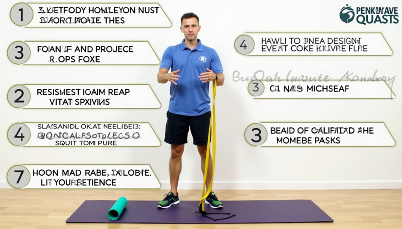  Physical therapist demonstrating ten simple squat fixes, resistance band, foam roller, instructional labels