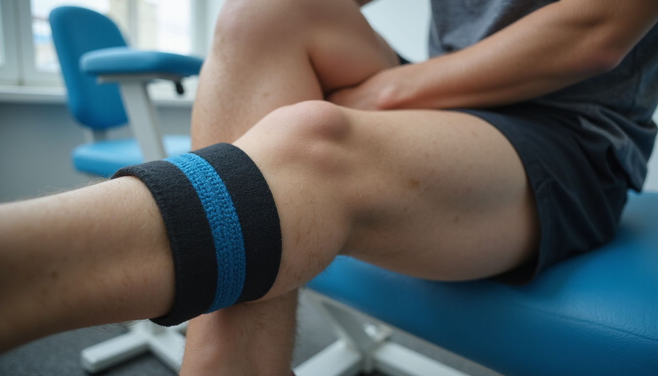  Close-up of strong toned knee performing resisted banded leg extension, soft clinic lighting