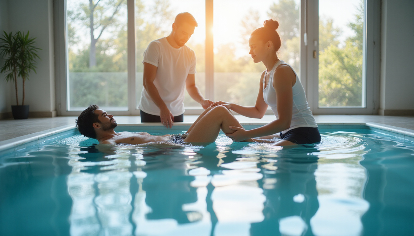  Serene aquatic therapy session, patient doing knee exercises in pool, therapist supporting, sunlight reflecting