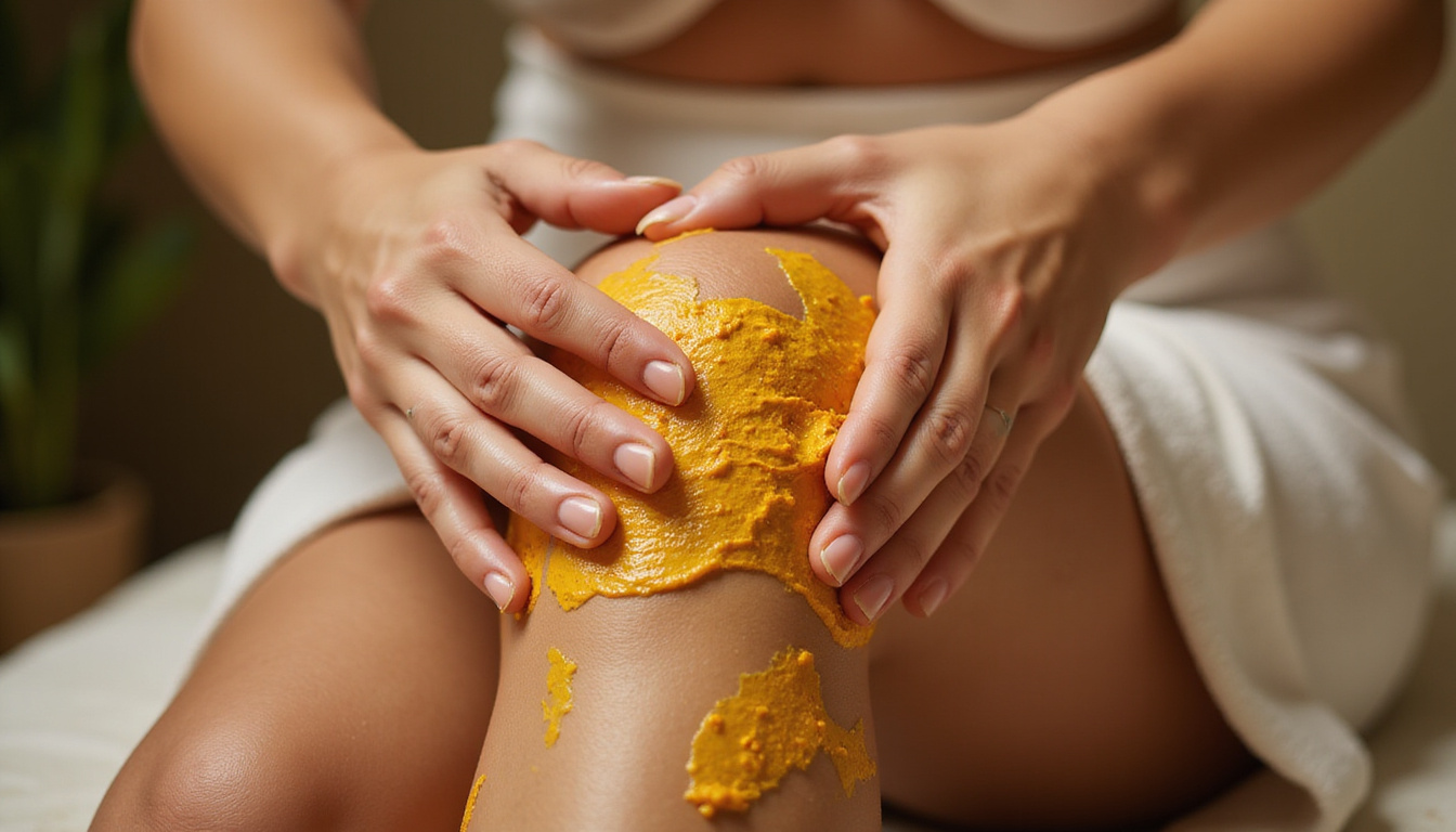  Close-up hands massaging knee with turmeric paste, ginger root, eucalyptus steam, soft warm lighting