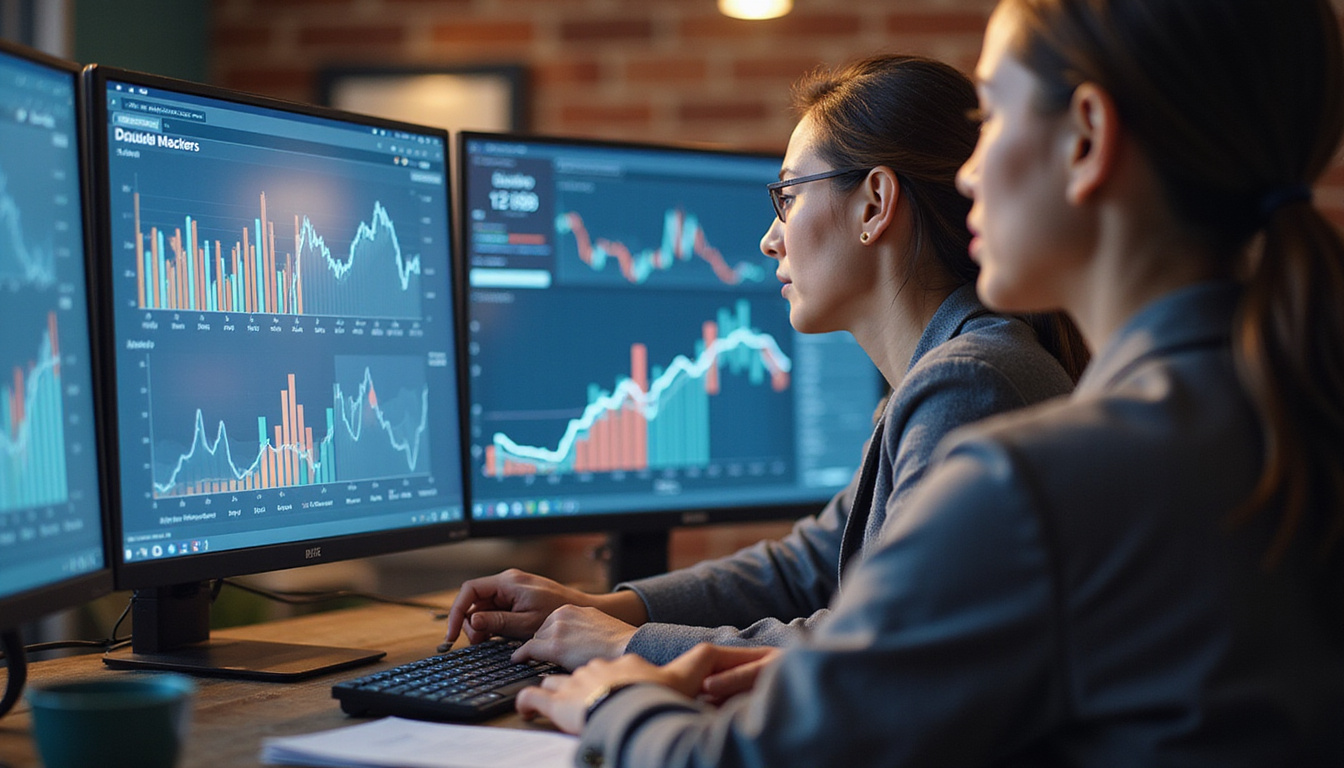 Modern marketing team analyzing doubled leads on transparent screens, dynamic data visualization, warm lighting