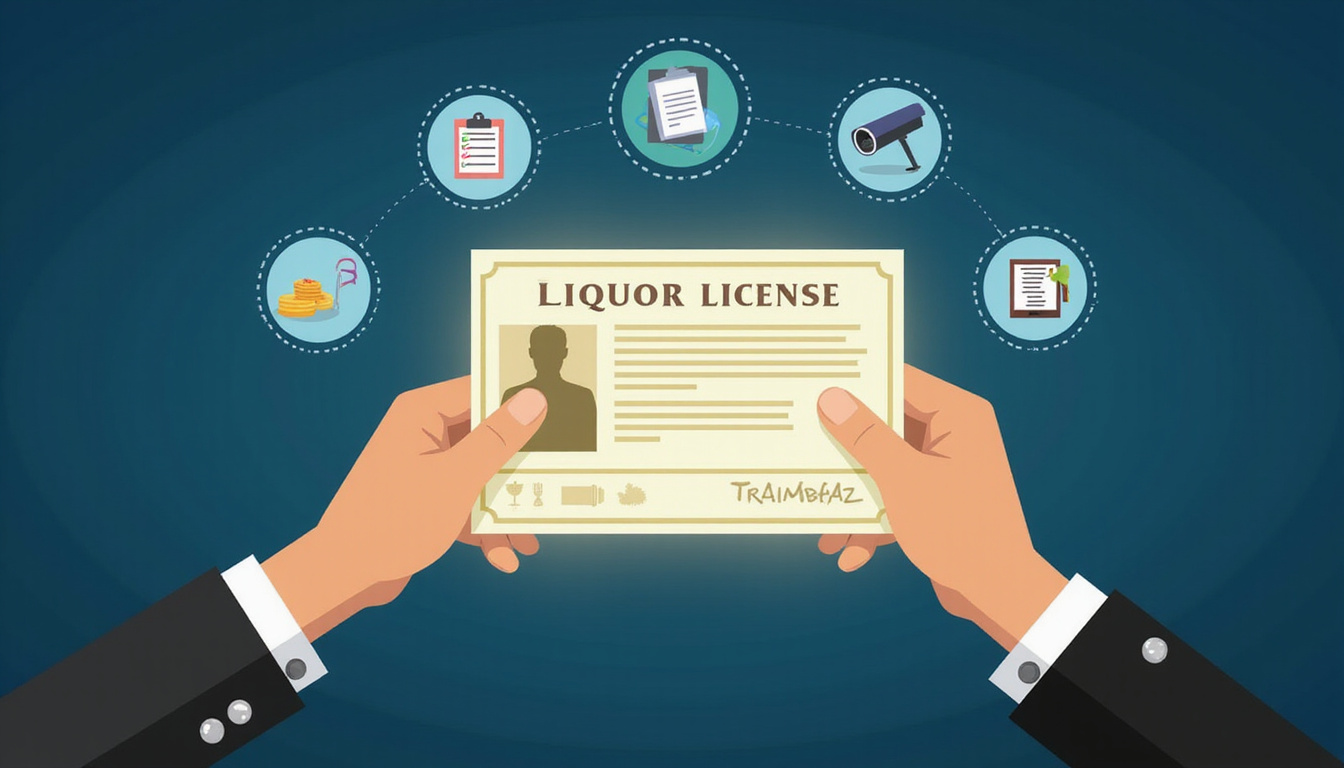  Hands shielding a glowing liquor license above checklist, training manual, CCTV, risk-reduction icons