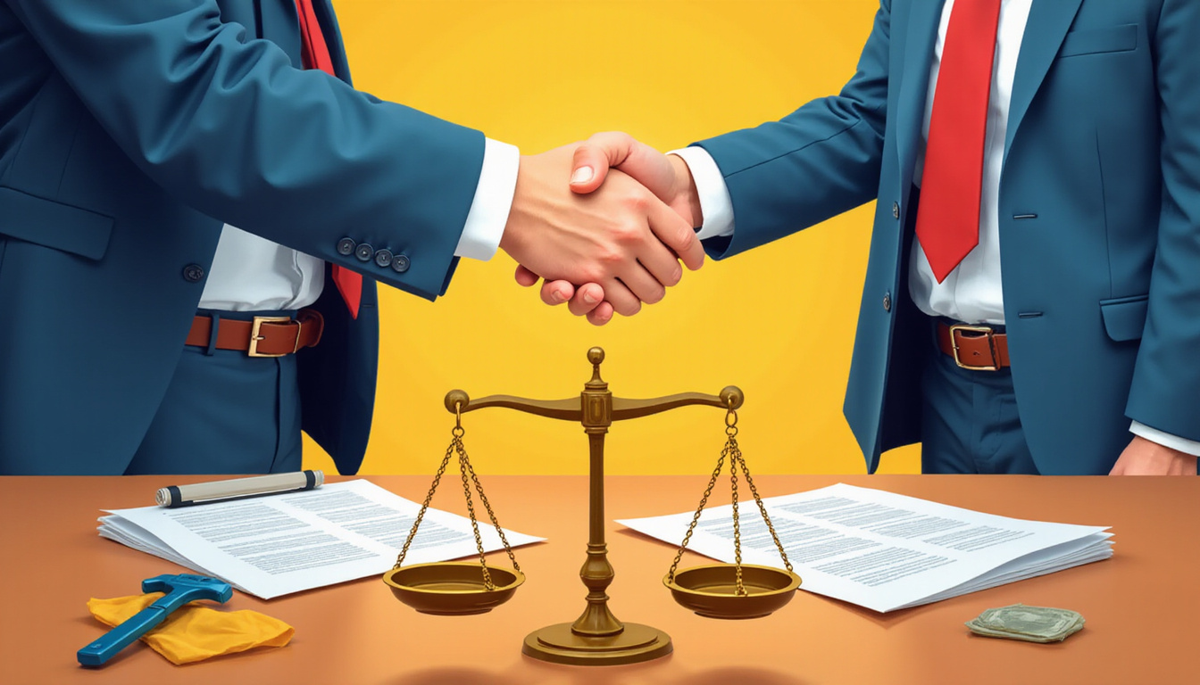  Tense negotiation scene, handshake over contract, scale of justice, toolbelt and payment documents