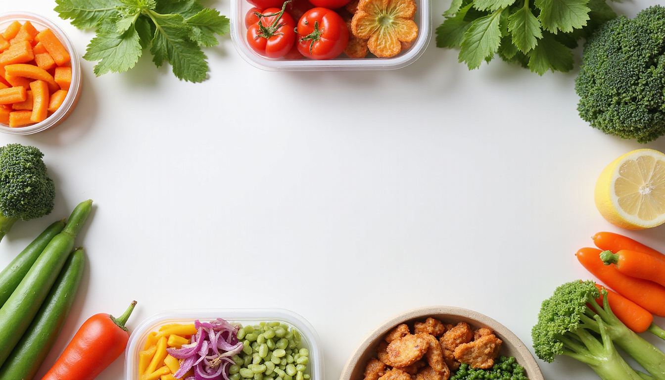  Minimalist flat lay of low-carb meal plan, colorful vegetables, planner, reusable containers, sustainable lifestyle