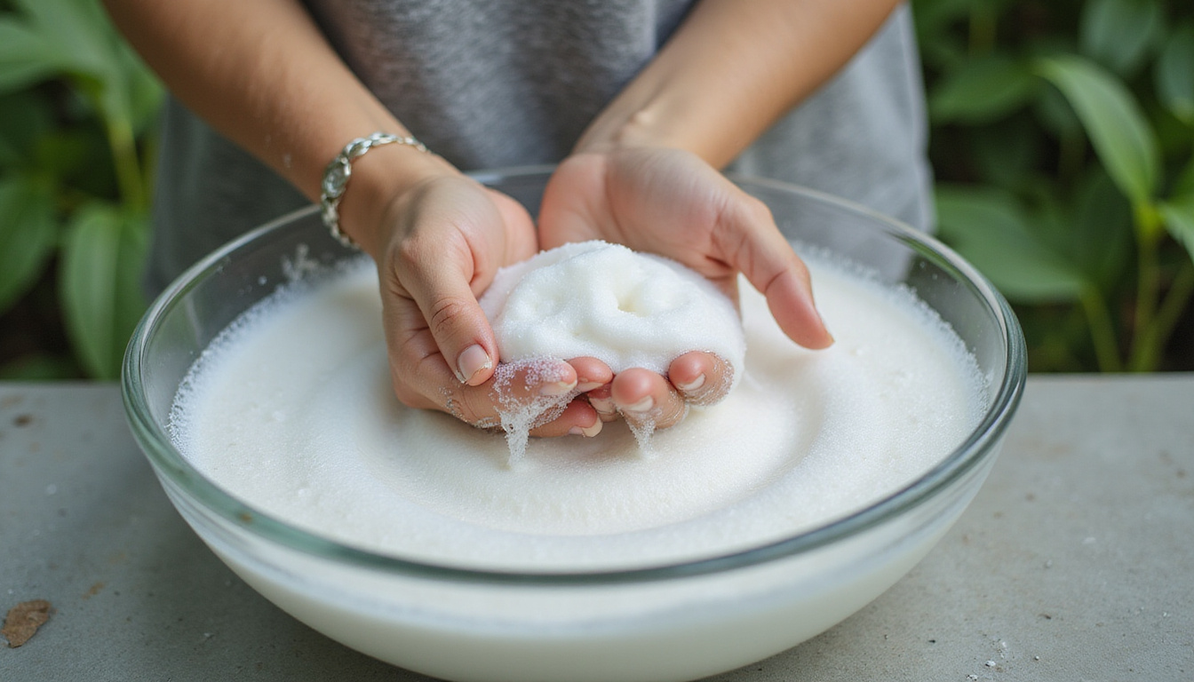  Close-up hands handwashing white tee in glass bowl with plant-based soap, soft bubbles, botanical backdrop