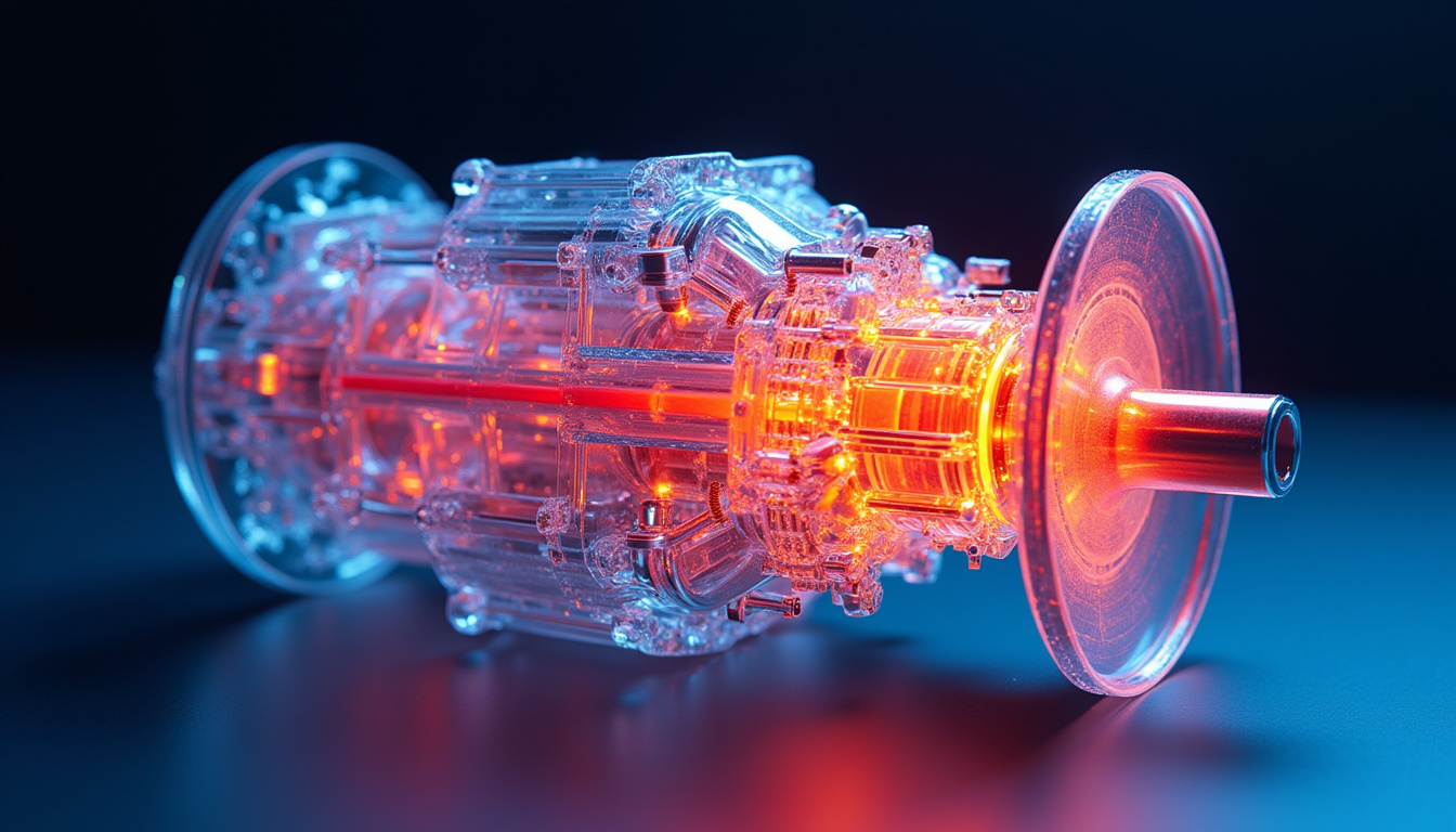  Thermal imaging overlay on electric drivetrain, liquid-cooling channels, infrared colors, precision diagnostics