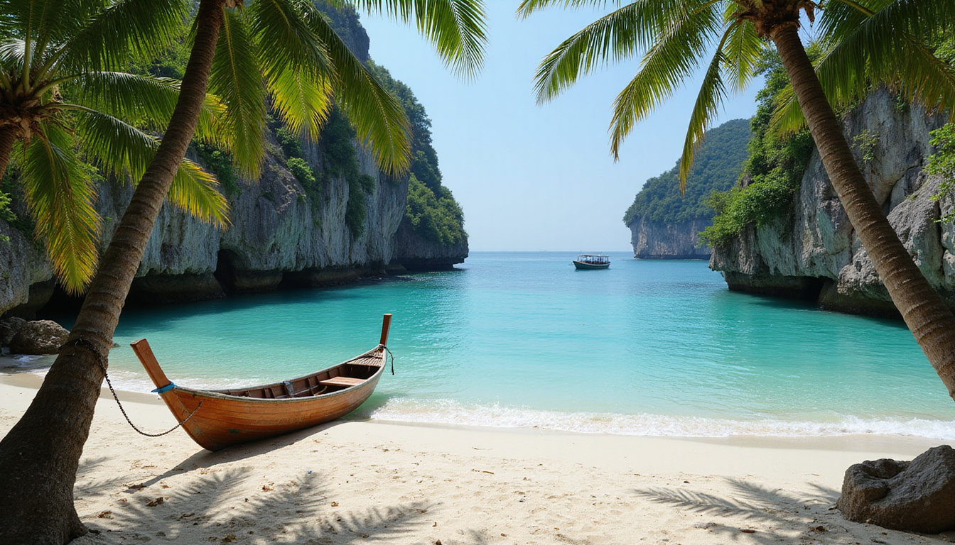 Secluded turquoise cove hidden by cliffs, hammock between palms, Indonesian wooden boat ashore