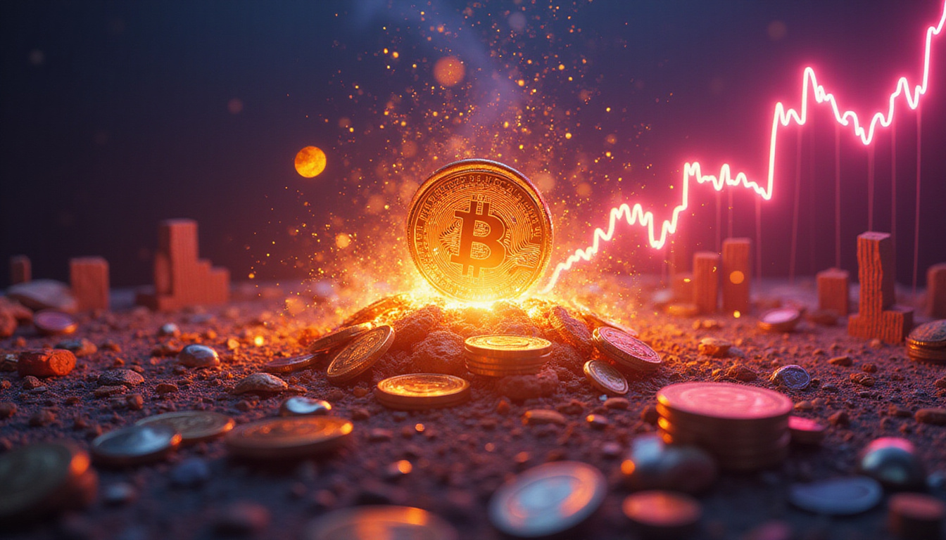  Fiery coin incinerator melting supply, neon price graph exploding upward, futuristic blockchain city