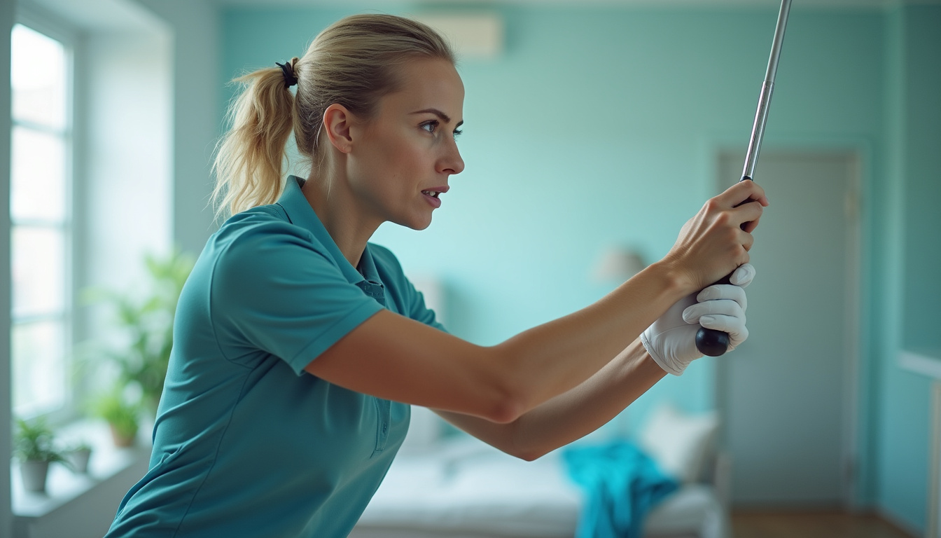  Coach demonstrating swing tweak, slow-motion overlay showing reduced wrist strain, clinic setting, calm colors
