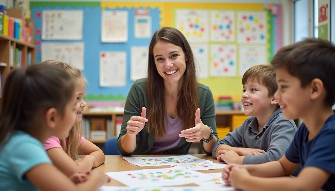  Teacher implementing accommodations: sensory corner, large-print materials, sign language, smiling children, colorful engaging posters