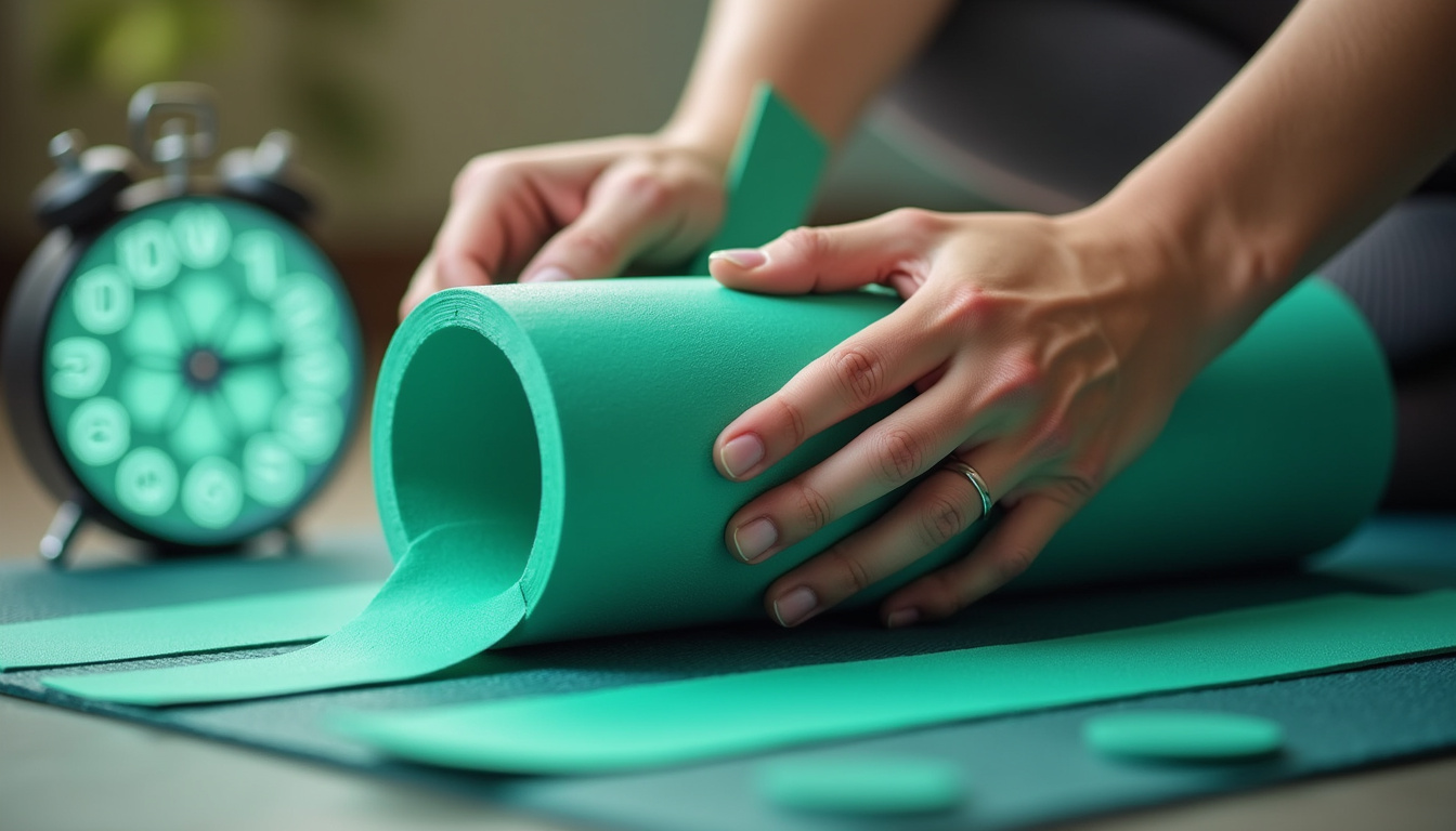  Hands applying kinesiology tape, foam roller, resistance bands, stopwatch icon, healing green glow