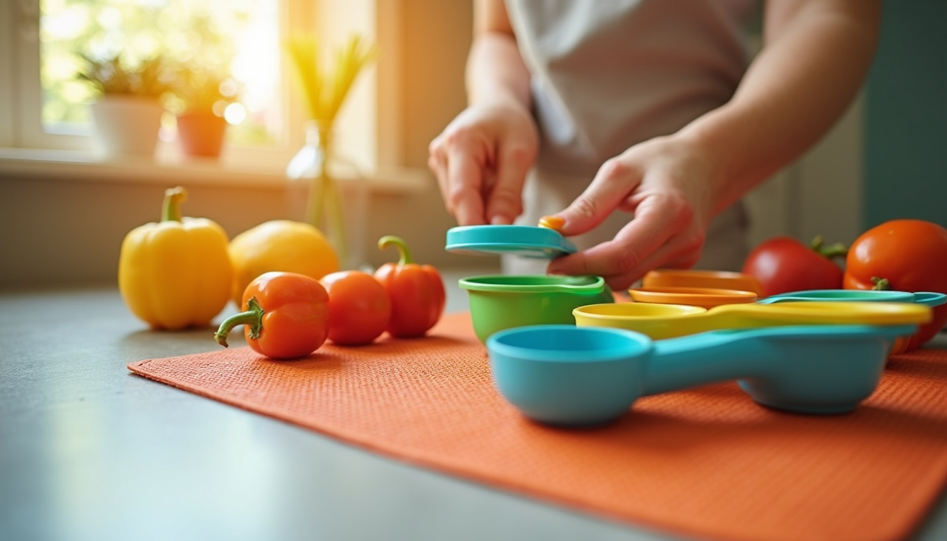  Close-up adaptive tools: easy-grip spatula, measuring cups, non-slip mat, colorful vegetables, warm light