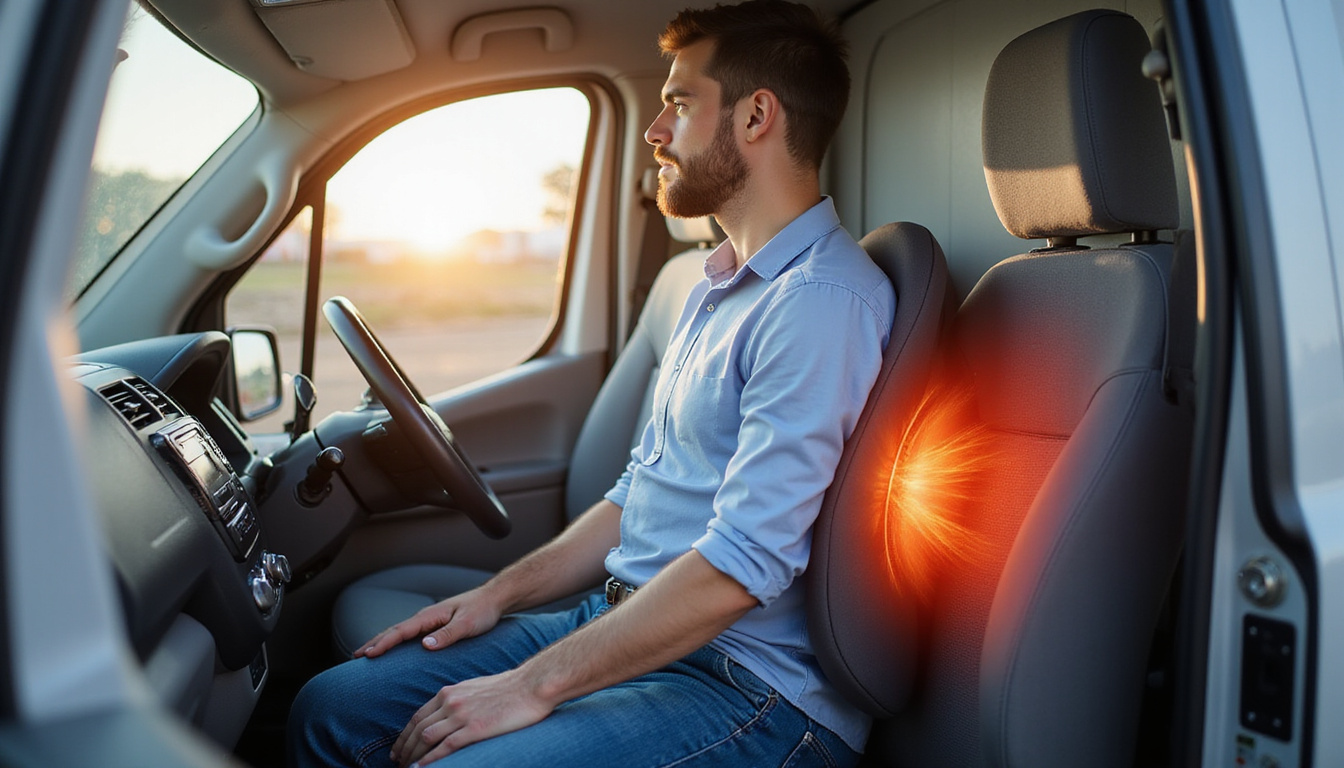  Delivery driver adjusting ergonomic lumbar support seat cushion inside van, back pain relief instructional overlay