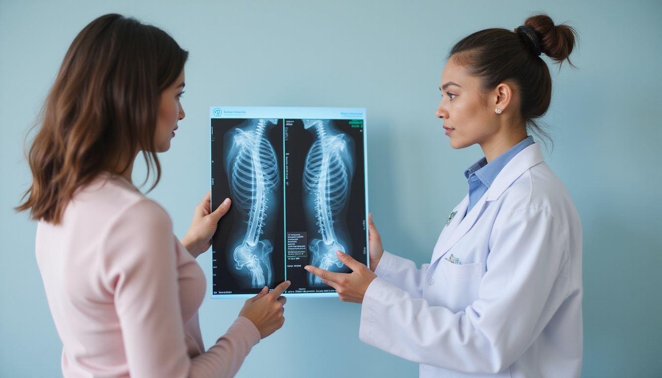  Doctor explaining bone health chart to woman, bone density scan visuals, calming pastel palette