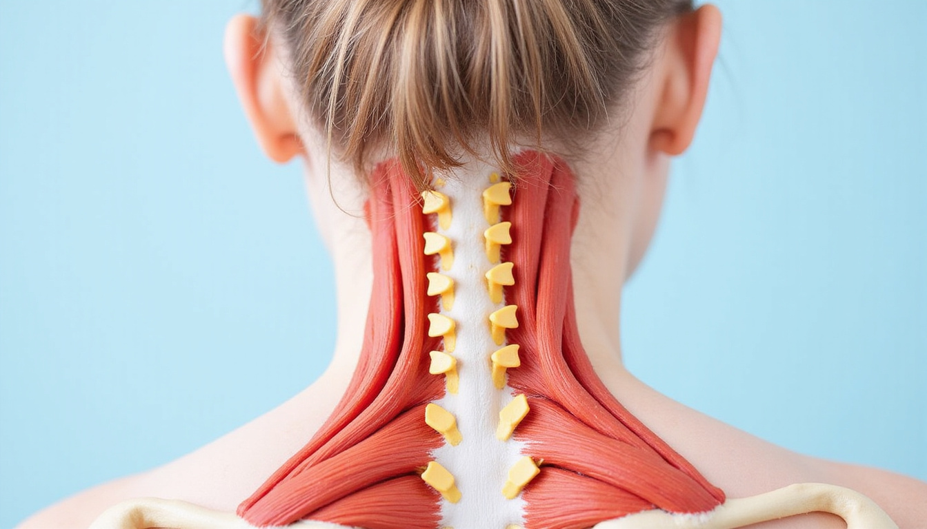  Anatomical overlay highlighting neck muscles and cervical spine, arrows indicating stretch direction, soothing colors