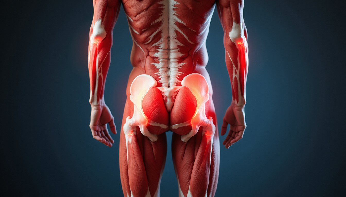 Anatomical overlay highlighting round glute muscles during hip thrust, soft studio light, instructional labels