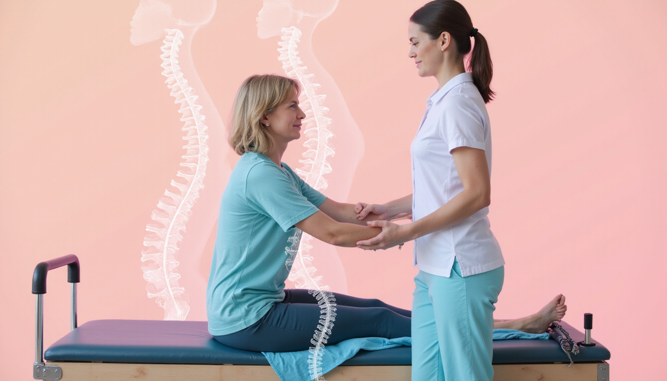  Physiotherapist guiding patient through spine-lengthening Pilates moves, anatomical spine overlay, soft pastels