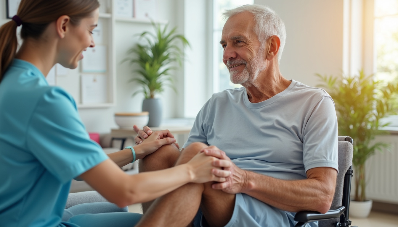  Physical therapist guiding elderly man through seated knee extensions, supportive hands, warm tones