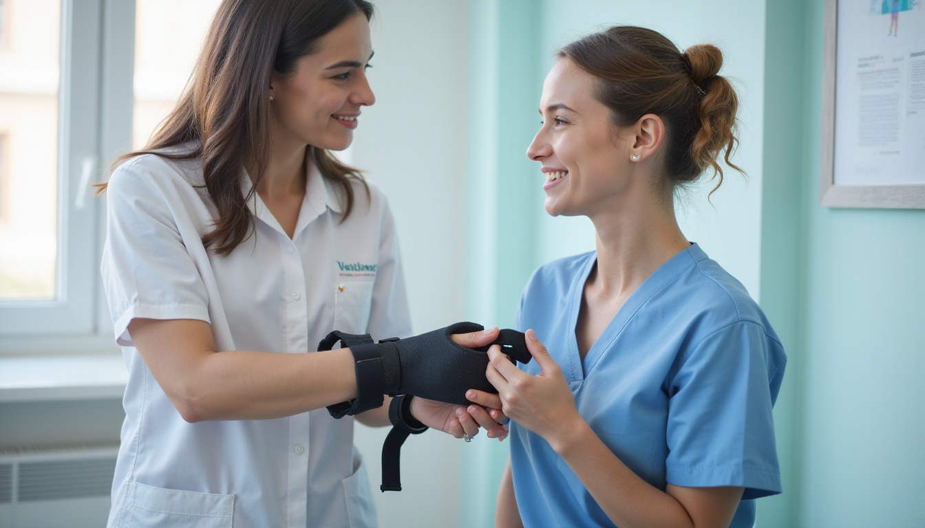  Physical therapist guiding patient with ergonomic wrist brace, bright clinic, reassuring expression