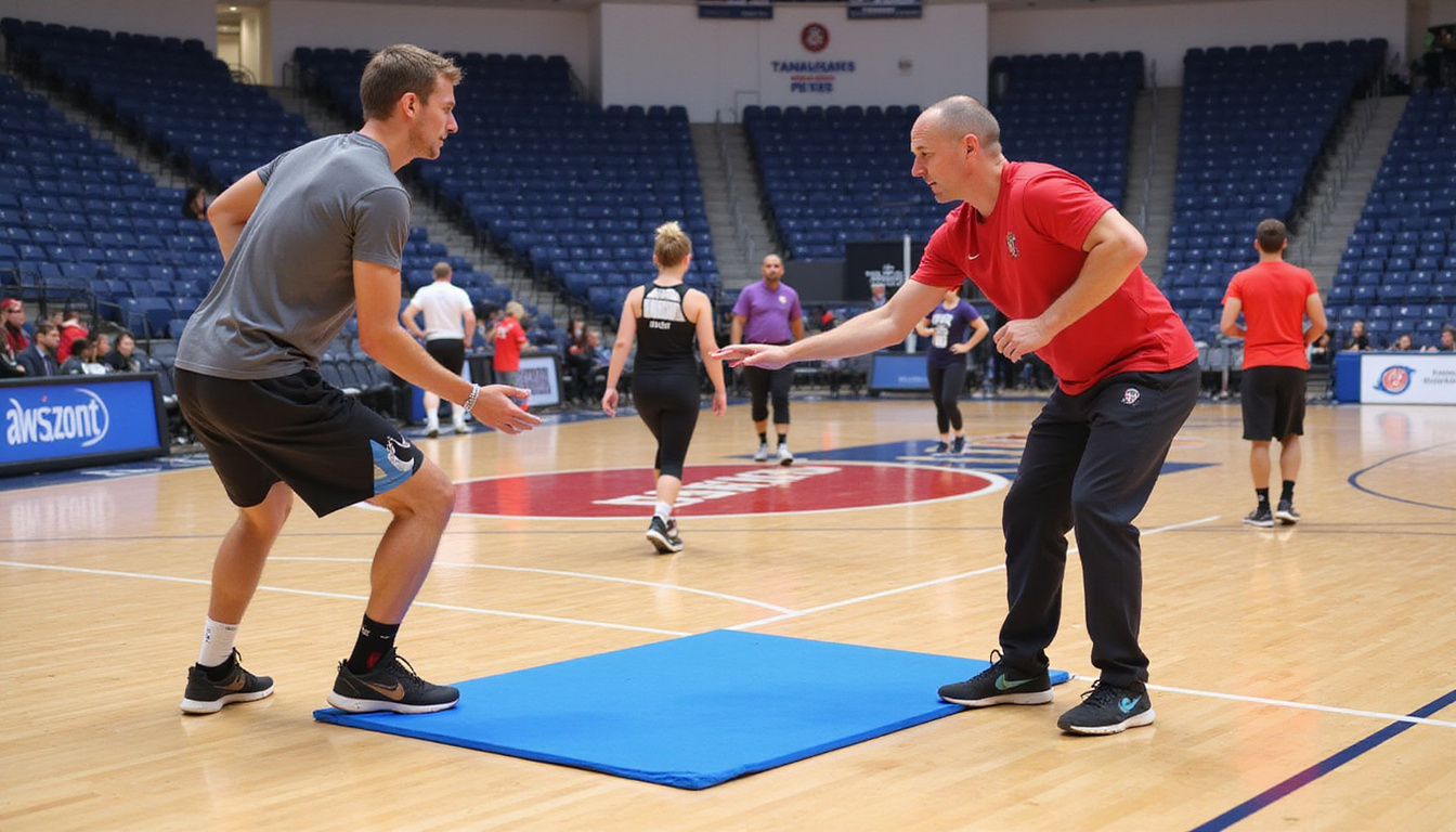  Athlete performing hip-strengthening band exercises courtside, coach supervising, illustrated biomechanics overlay, bright arena