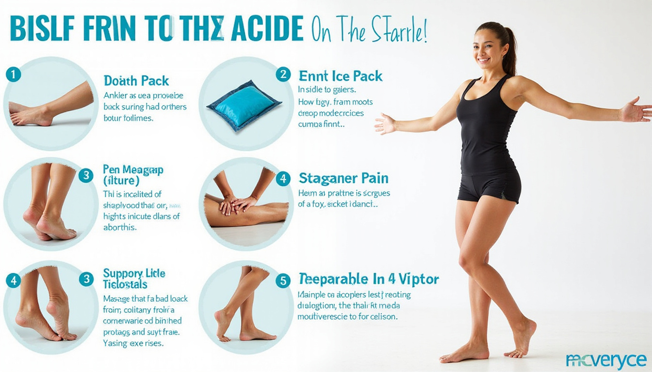  Instructional poster: ankle pain relief steps, ice pack, massage, supportive footwear, balance exercises, smiling dancer