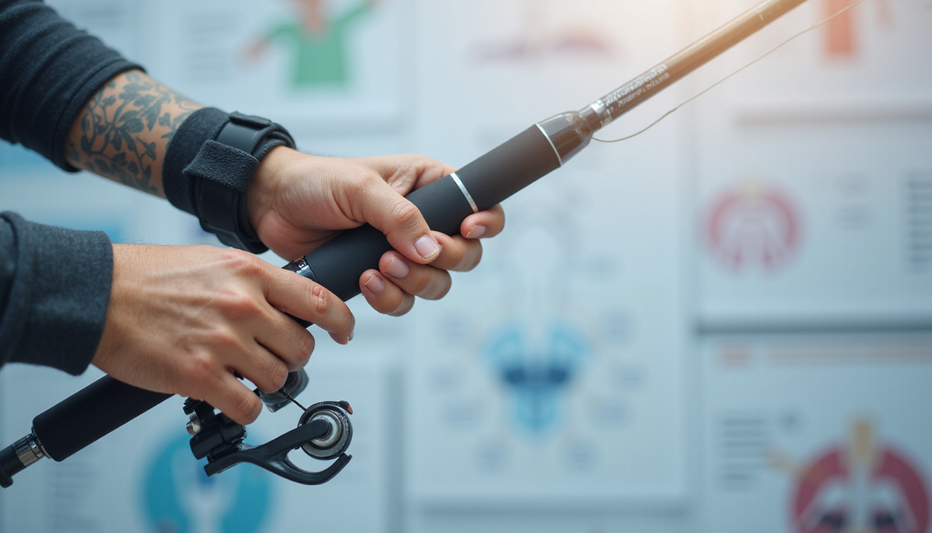  Close-up of hands gripping ergonomic fishing rod, wrist brace, medical diagrams overlaid, bright studio