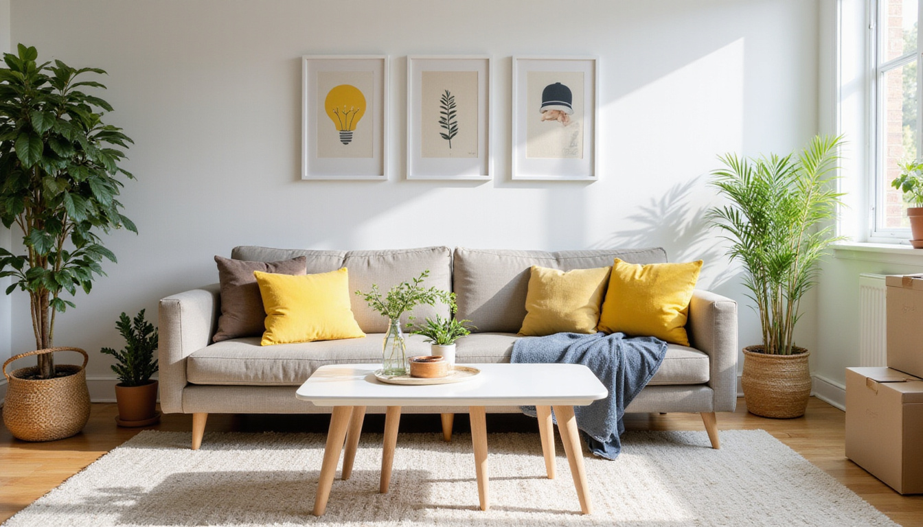 Staged modern living room after sustainable declutter, bright, minimalist, resale-ready, potted plants, organized boxes