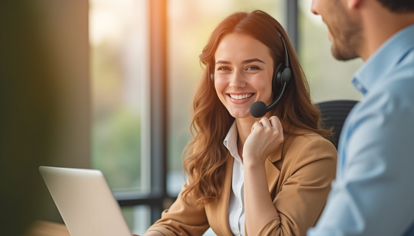 Warm professional virtual receptionist converting phone rings into smiling satisfied customers, clean UI