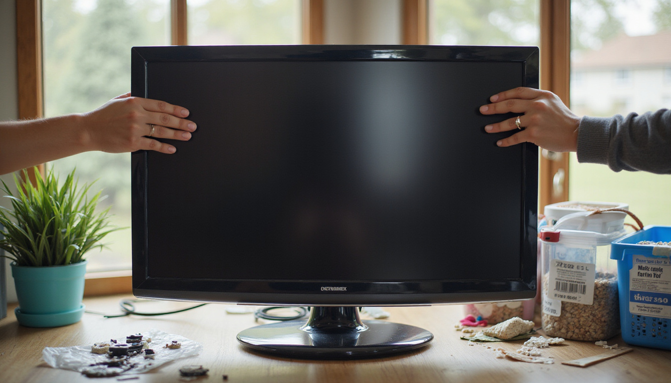 Close-up hands dismantling flat-screen TV for parts, labeled bins, sunlight, instructional infographic style