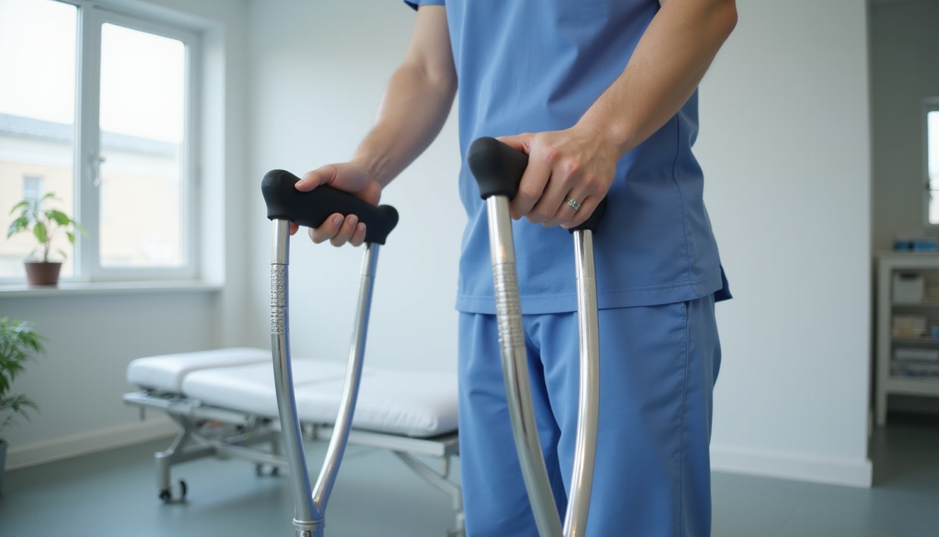  Physical therapist demonstrating hands free crutch adjustments in bright clinic, close-up hands, instructional energy