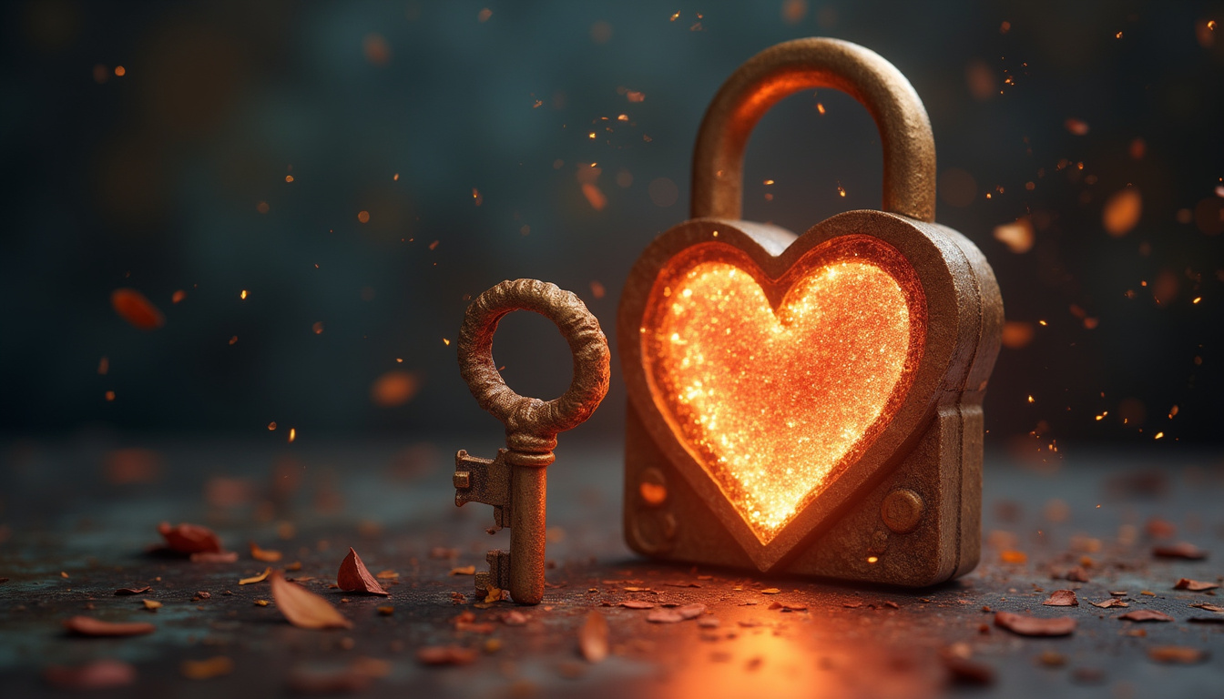 Bronze key unlocking glowing heart-shaped lock, ethereal light, symbolic transformation