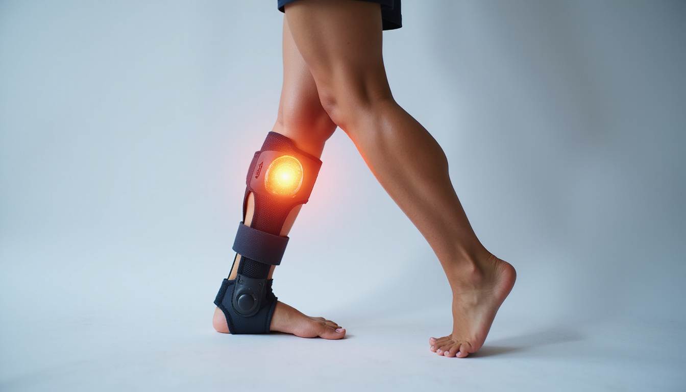  Close-up knee brace on foot stepping up, anatomical overlay showing joint alignment and pain-free motion