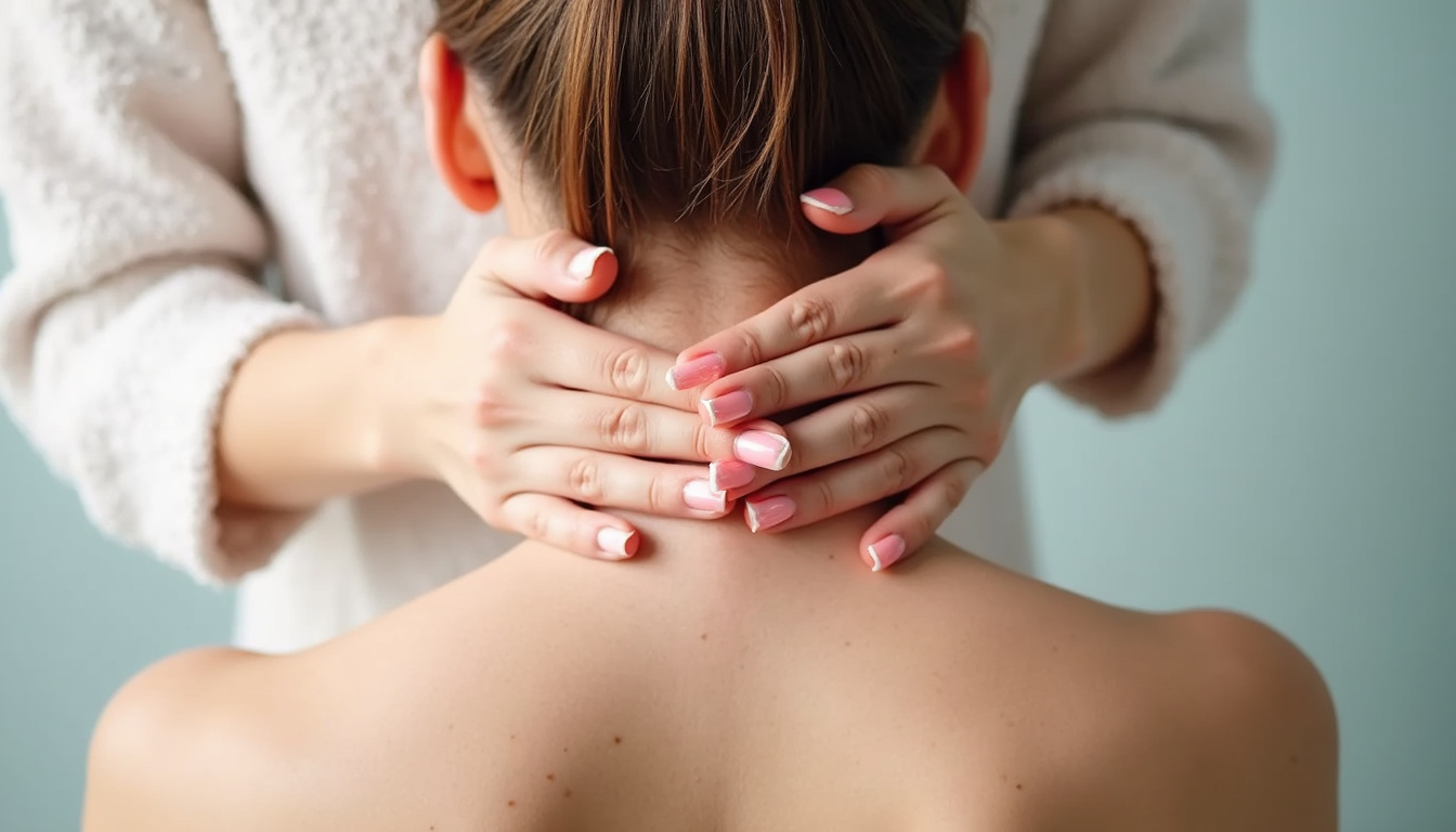  Close-up hands massaging tense neck, warm compress, soothing steam, soft pastel tones