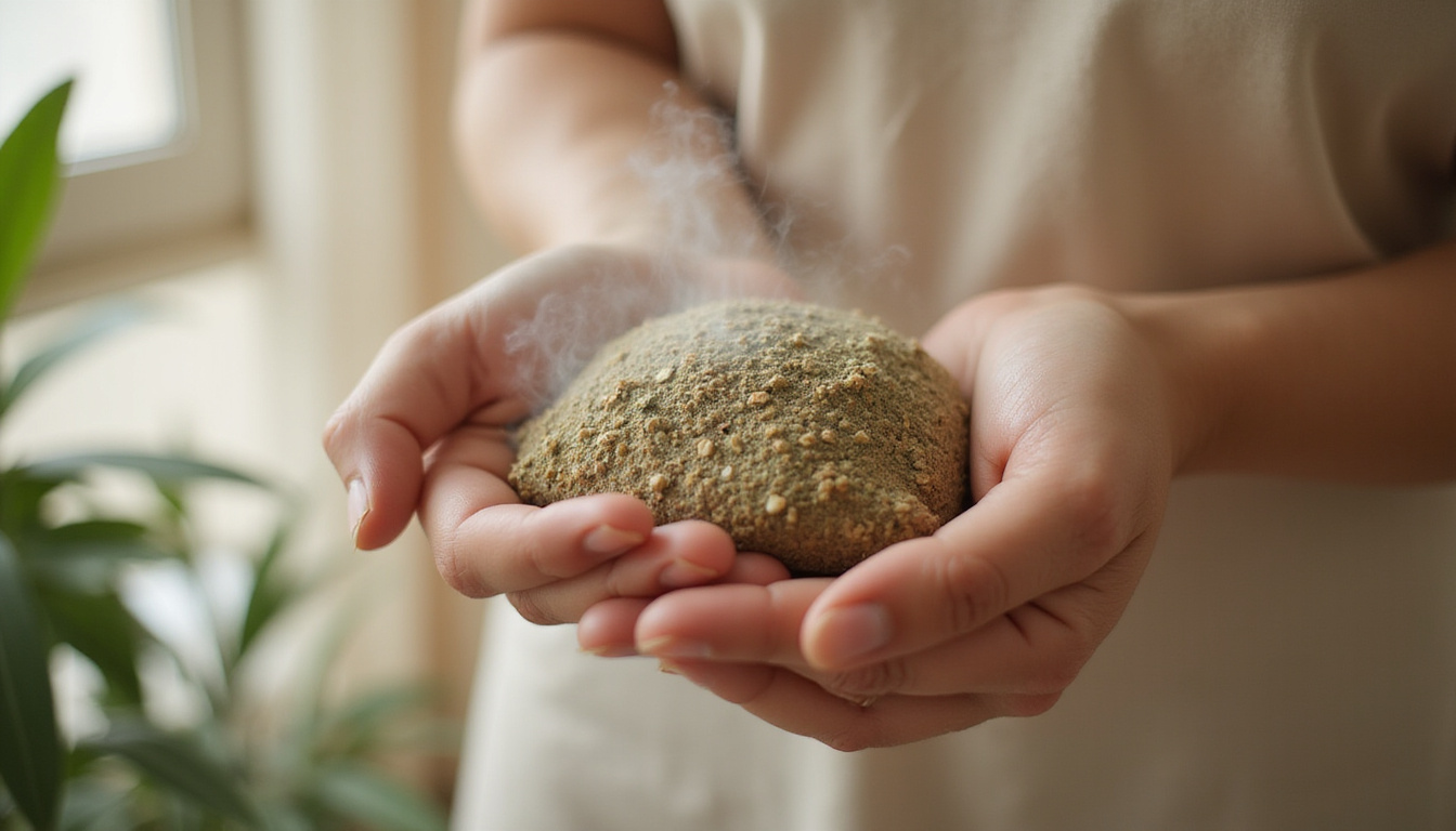  Close-up of hands applying warm herbal compress to aching joint, soft steam, calming light