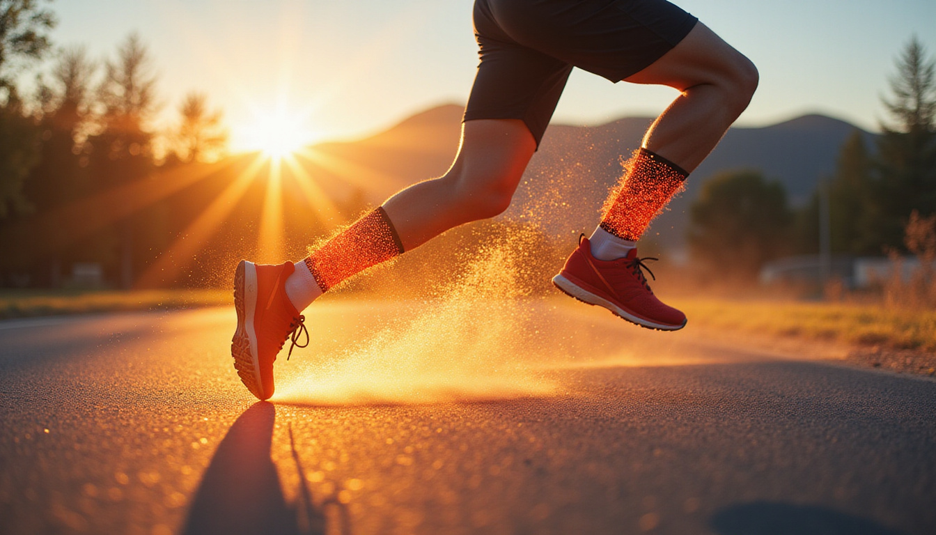 Dynamic action shot of runner landing stable, elastic honeycomb sleeve compressing, pain-relief light beams