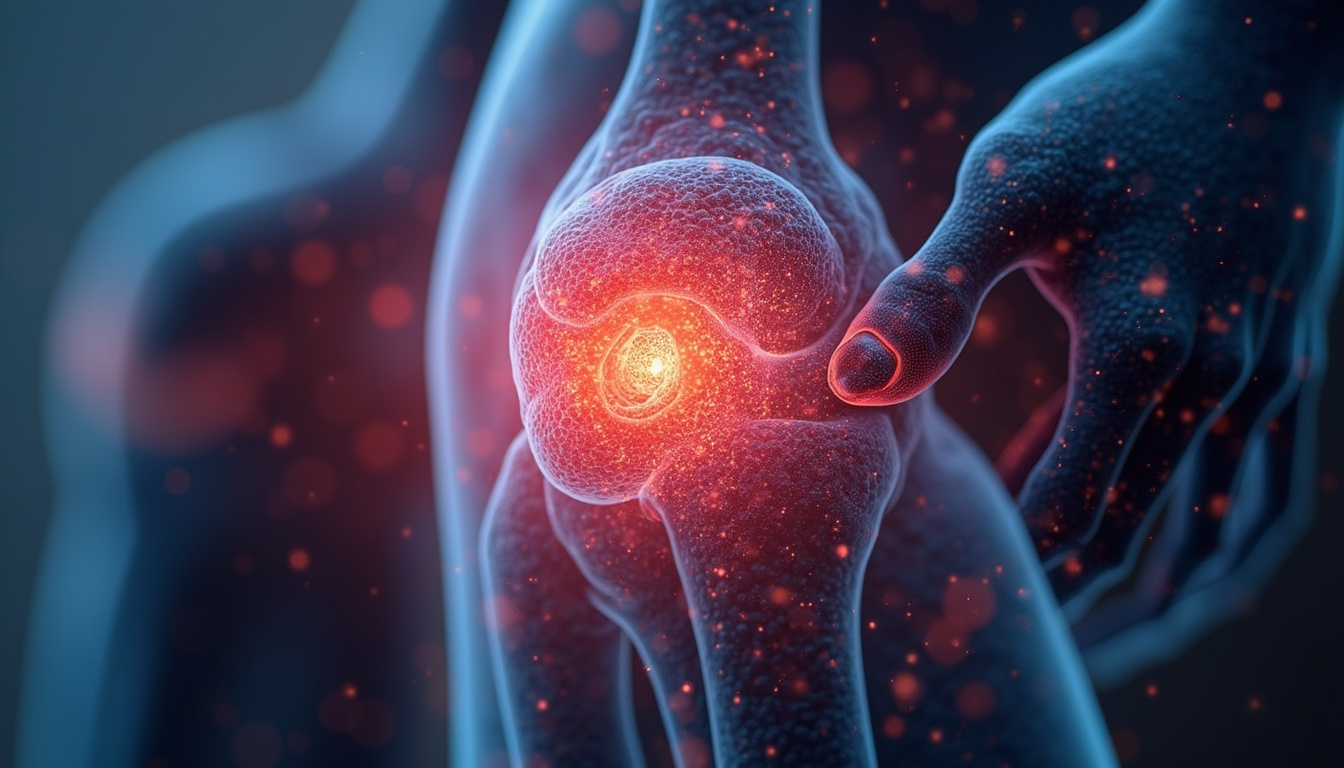  Futuristic anatomical overlay showing repaired knee cartilage, regenerative cells swirling, dynamic before-after contrast