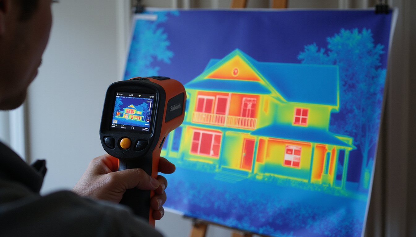  Homeowner holding handheld infrared camera, analyzing heat map overlay on home blueprint