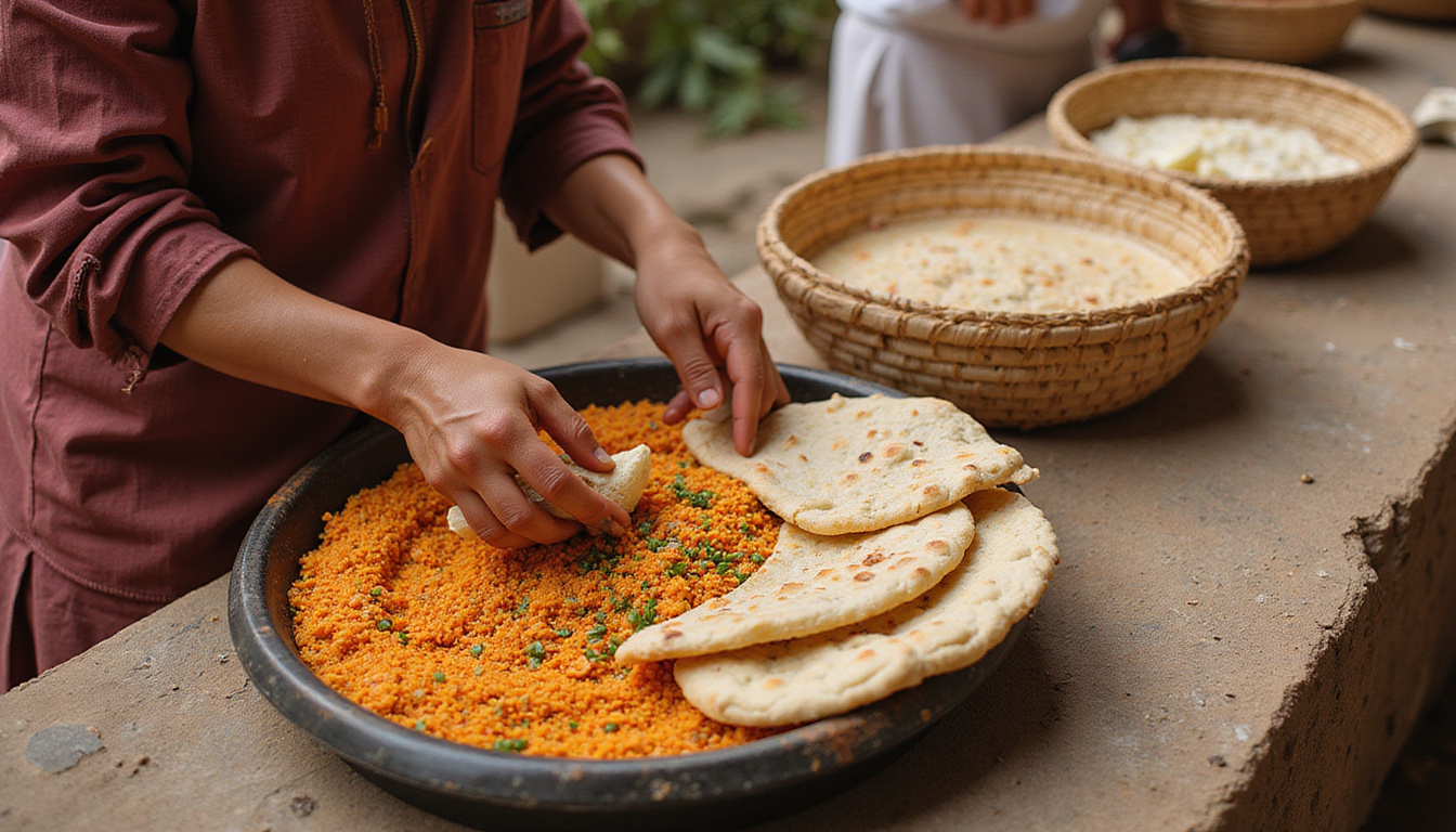Hands preparing koshari and flatbread in traditional courtyard, woven baskets, felucca visible