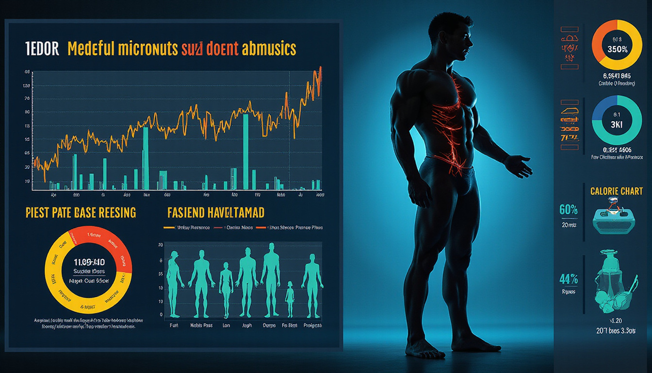 Scientific infographic overlay: metabolism charts, protein portions, calorie targets, muscular silhouette, modern clinical aesthetic