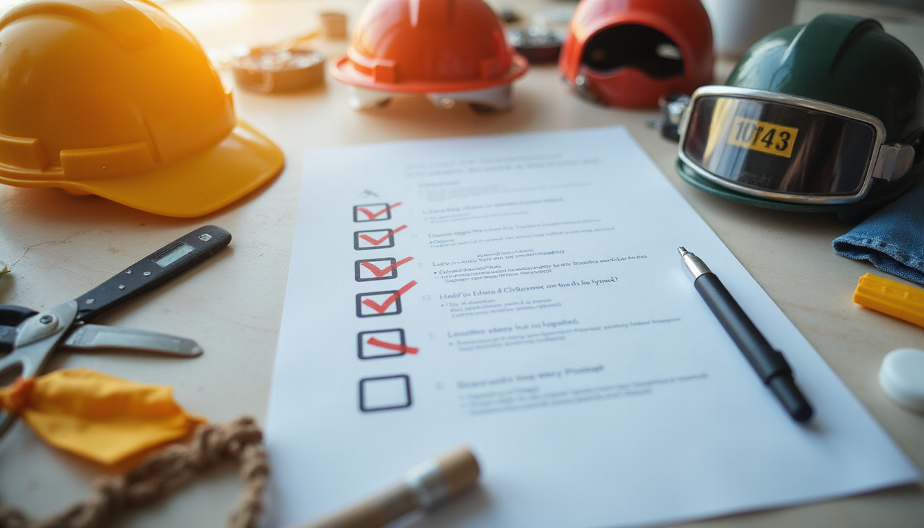  Close-up of checklist with icons, completed boxes, safety gear surrounding, warm light