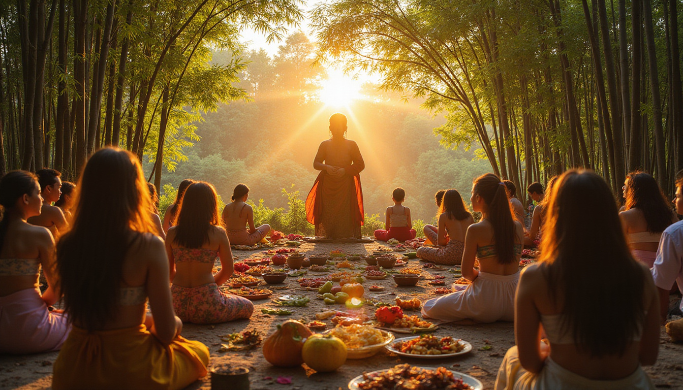  Tourists admiring cultural ceremony, colorful offerings, lush bamboo forest backdrop, golden-hour cinematic lighting