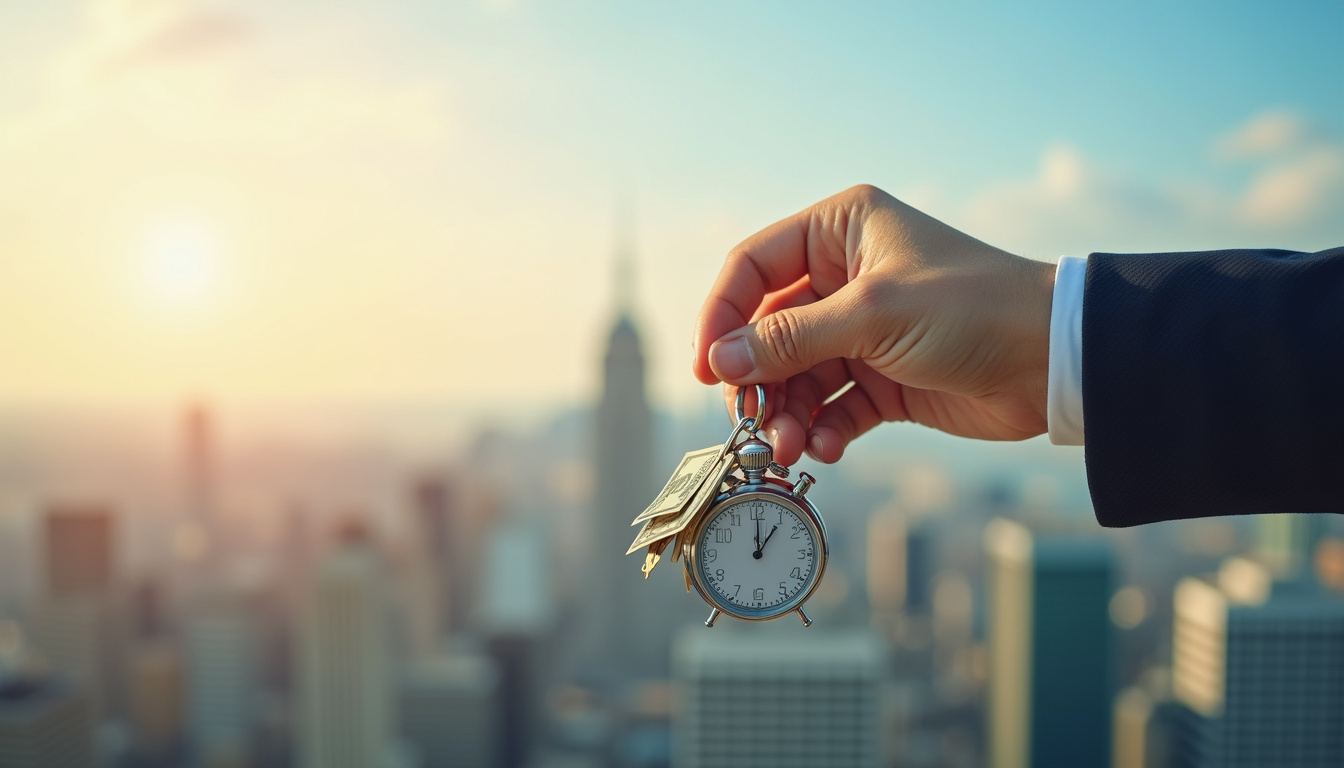  Confident realtor handing keys amid city skyline, money raining, stopwatch showing quick sale