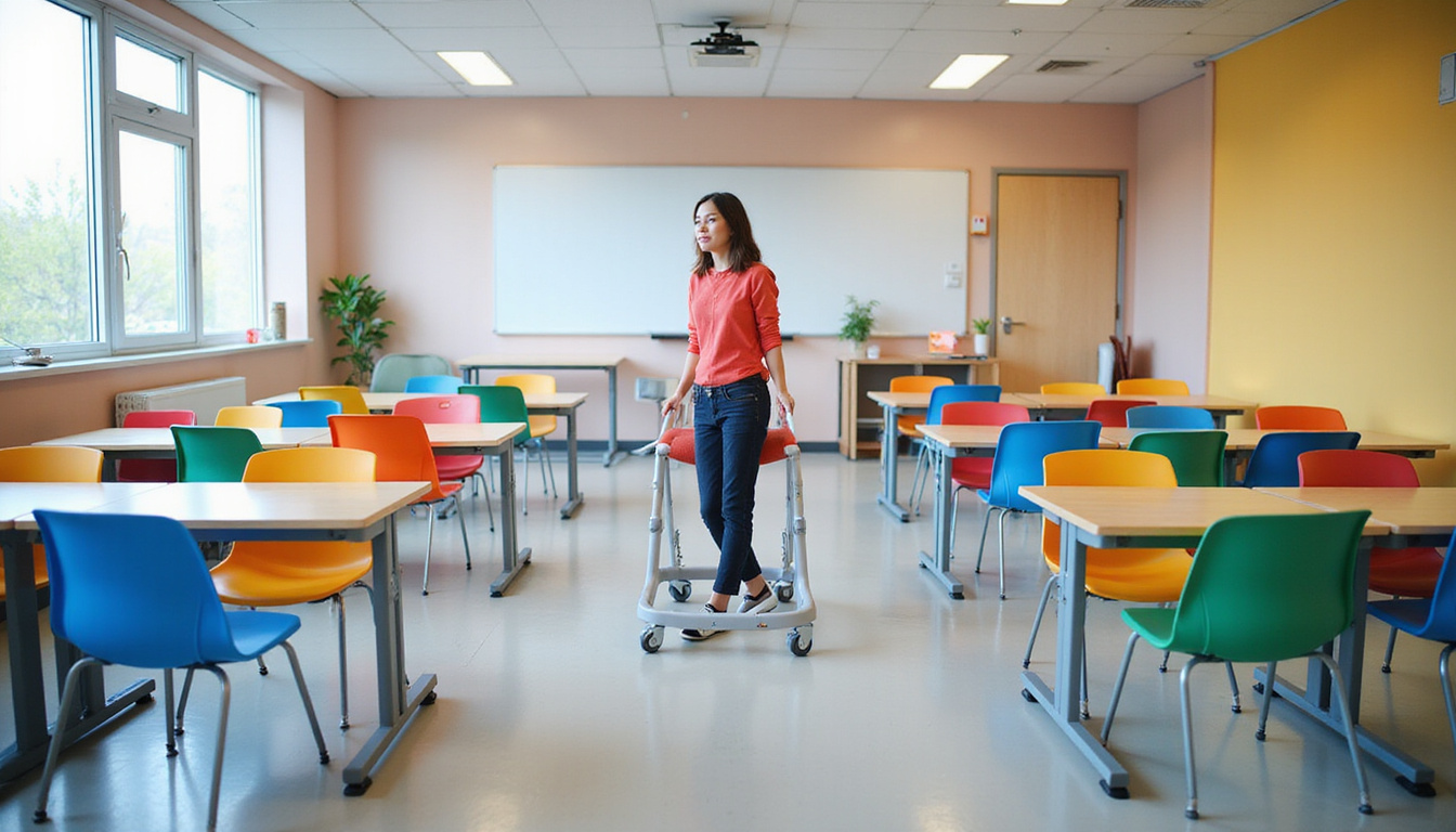  Colorful classroom with height-adjustable desks and smart walkers, confident teacher, independent learners