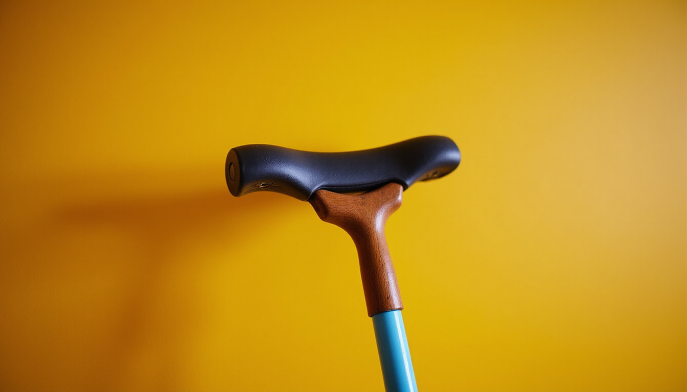  DIY mobility hacks scene, artisan attaching modular grips and foldable seat to wooden cane, warm light