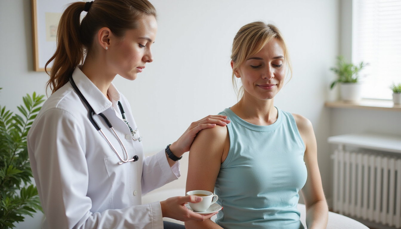  Physiotherapist massaging tense shoulder of perimenopausal woman, calming clinic, soft light, herbal tea