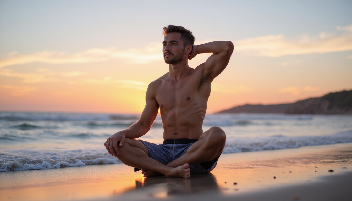  Young man performing daily shoulder mobility sequence on beach at sunrise, soft pastel colors, detailed muscles